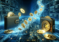 Professional AI-generated editorial image: crypto coins beinging transfered between wallets